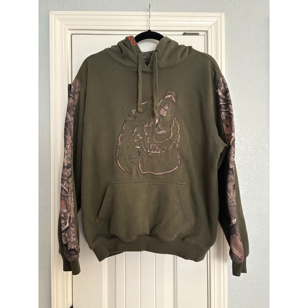 CQR Hunting Hoodie Medium Green Camo Sleeve Grizzly Bear Graphic Outdoor Pullovr